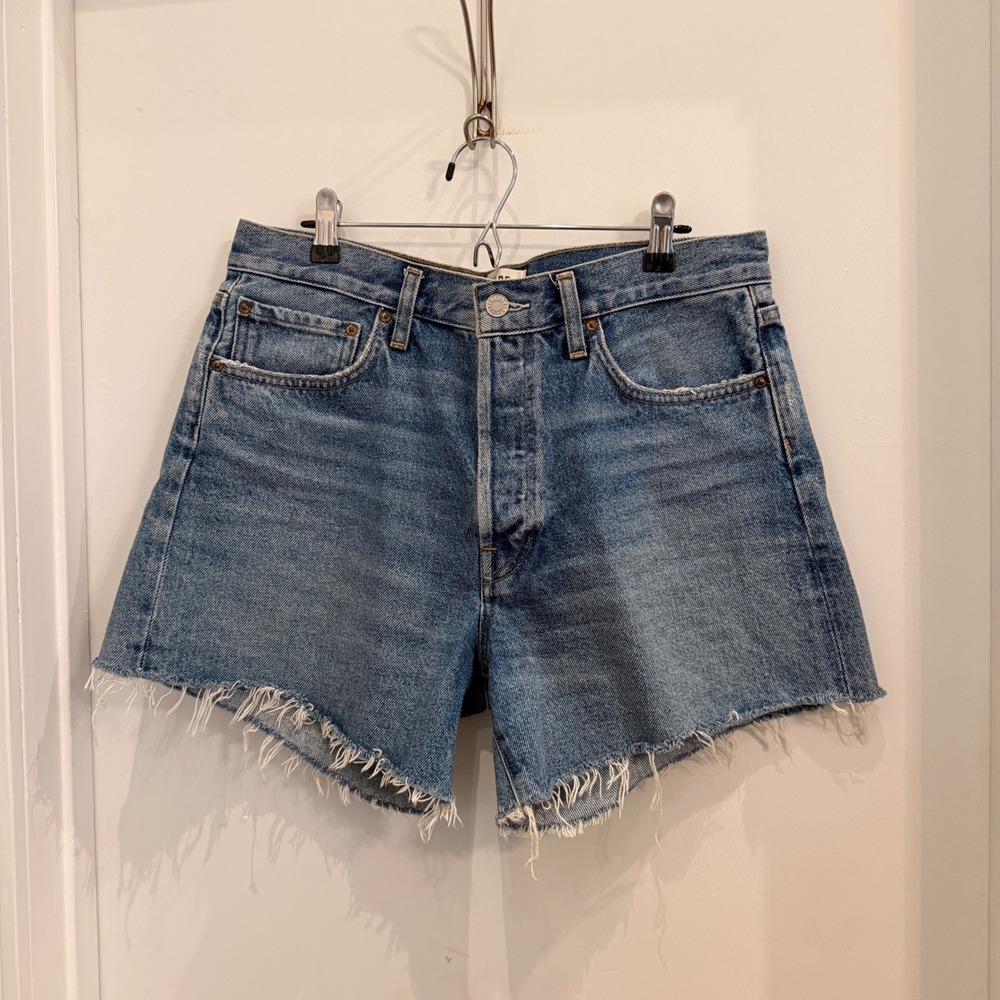 AGOLDE Parker Long Denim Shorts Size 29 Vintage High Rise Frayed Hem Cut Offs - Picture 2 of 5